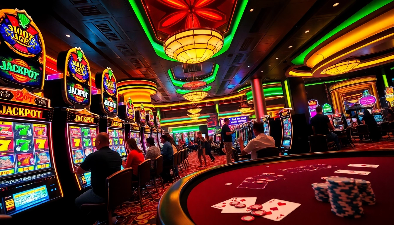 Experience thrilling jackpot sweeps action with vibrant slot machines and enthusiastic players.