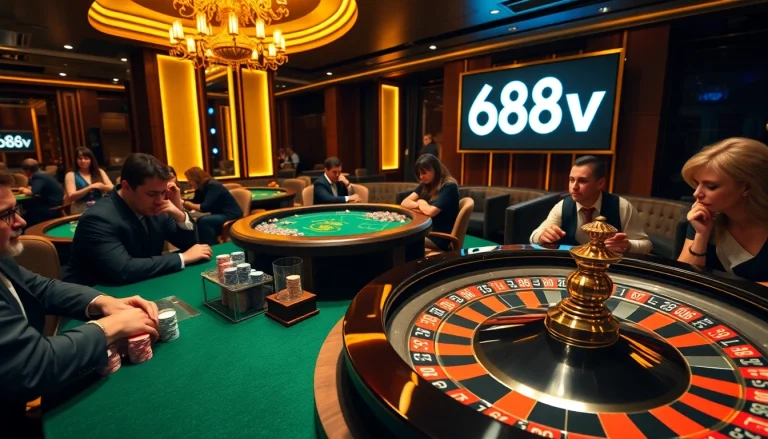 Experience the thrilling atmosphere of 688v with vibrant casino tables and exciting gambling action.