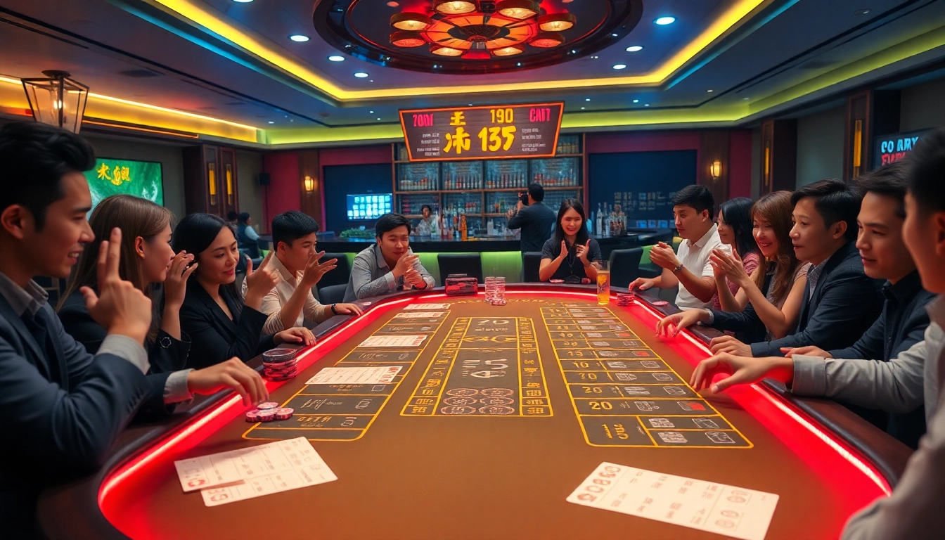 Tài Xỉu MD5 table in a lively casino scene with players and betting action.