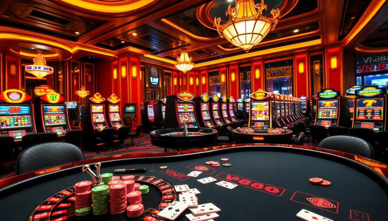 Engaging players at a vibrant vn88 casino with poker, roulette, and slot machines.