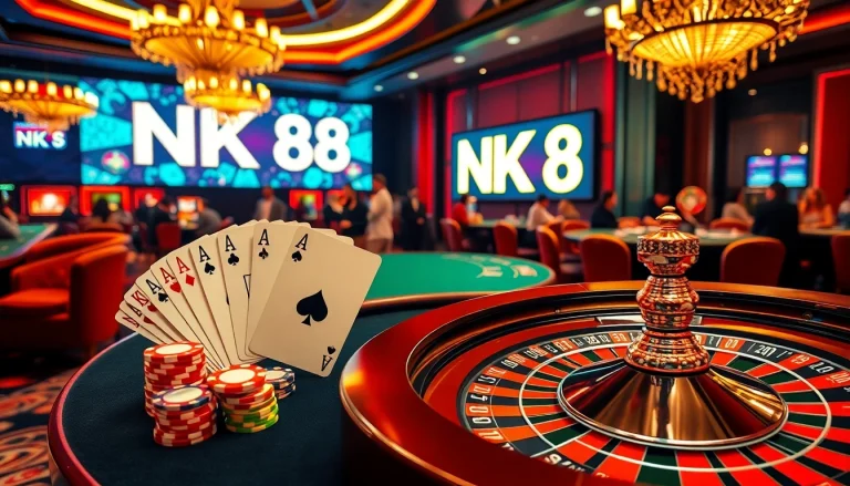 Exciting casino scene featuring NK88 poker game with vibrant chips and cards.