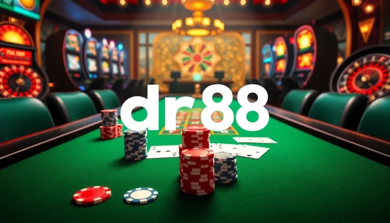 Engaging scene of an online casino experience featuring the dr88 logo with vibrant gaming elements.