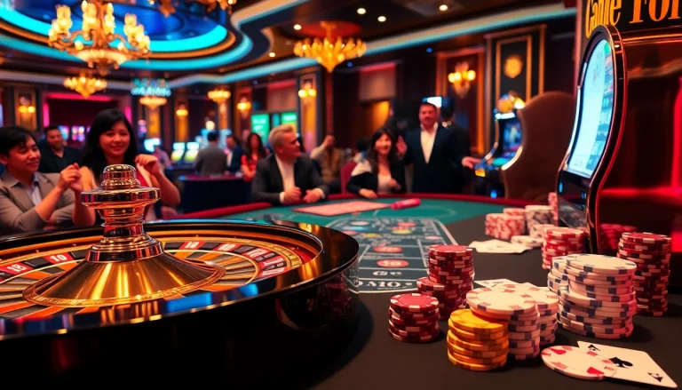 Pahalah4d players enjoying a thrilling game at a vibrant casino table with chips and cards.