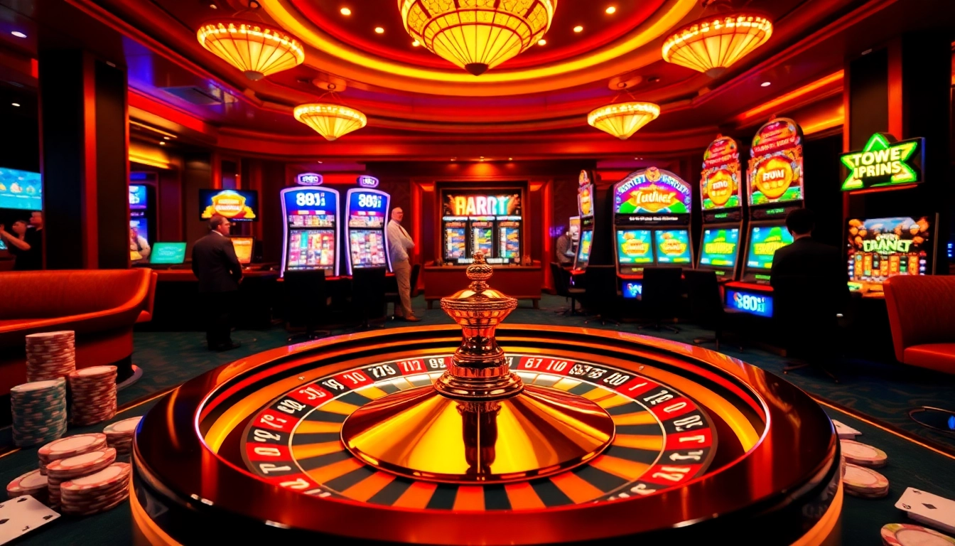 Experience thrilling online gambling action with link 88i as poker chips and roulette wheels illuminate the scene.