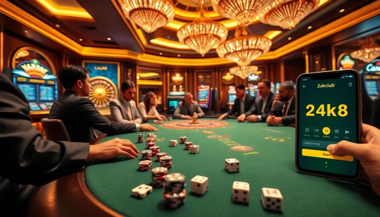 Players enjoying the gaming experience with the app 24kclub on display amidst casino tables.