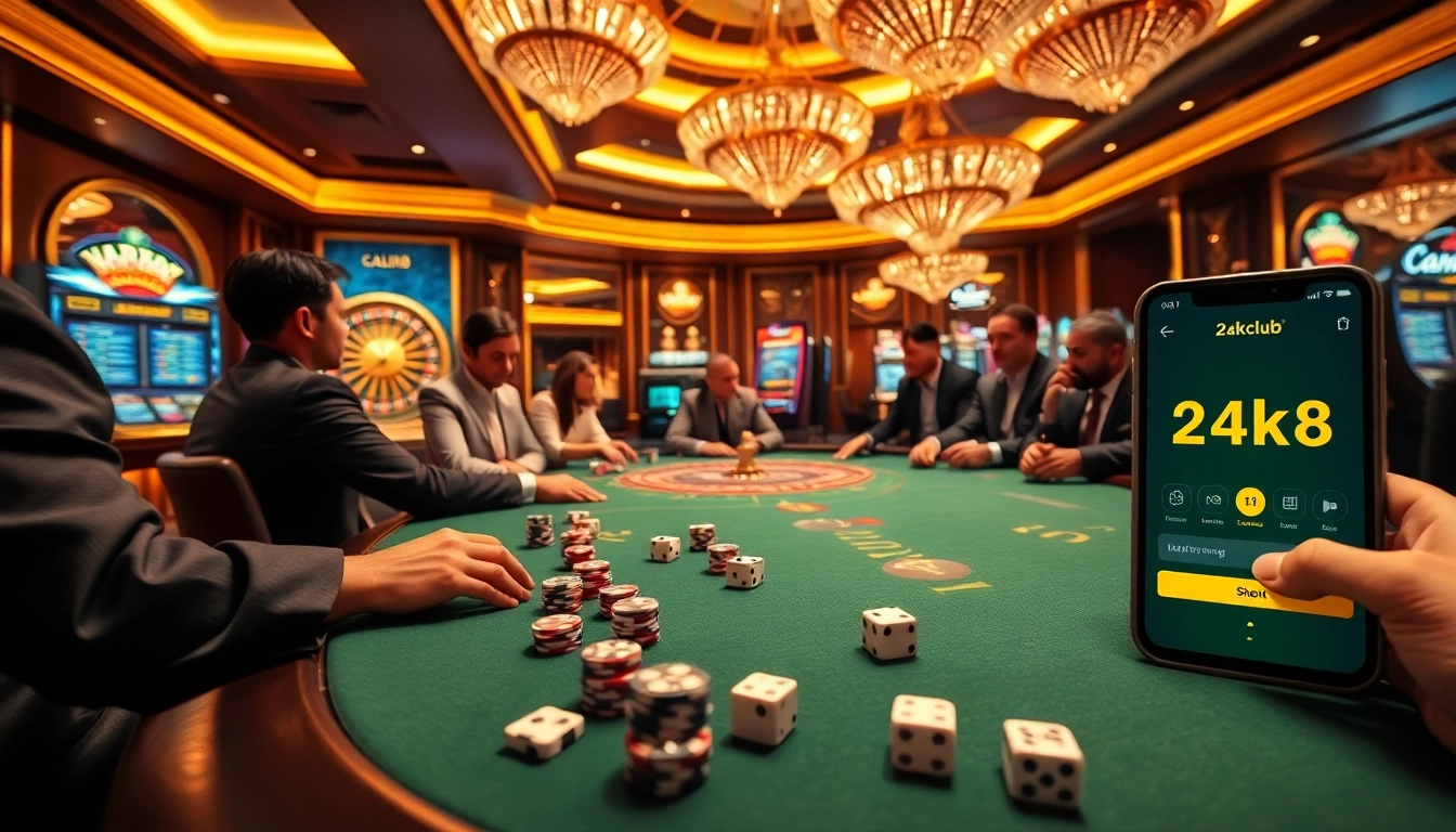 Players enjoying the gaming experience with the app 24kclub on display amidst casino tables.