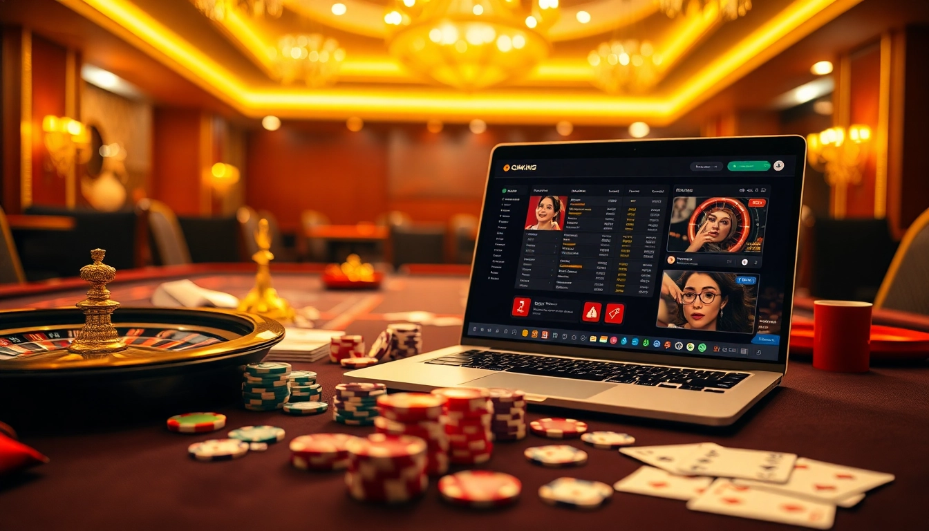 Engage with Nhà cái OKKING's exciting online casino experience filled with poker chips and a roulette wheel.