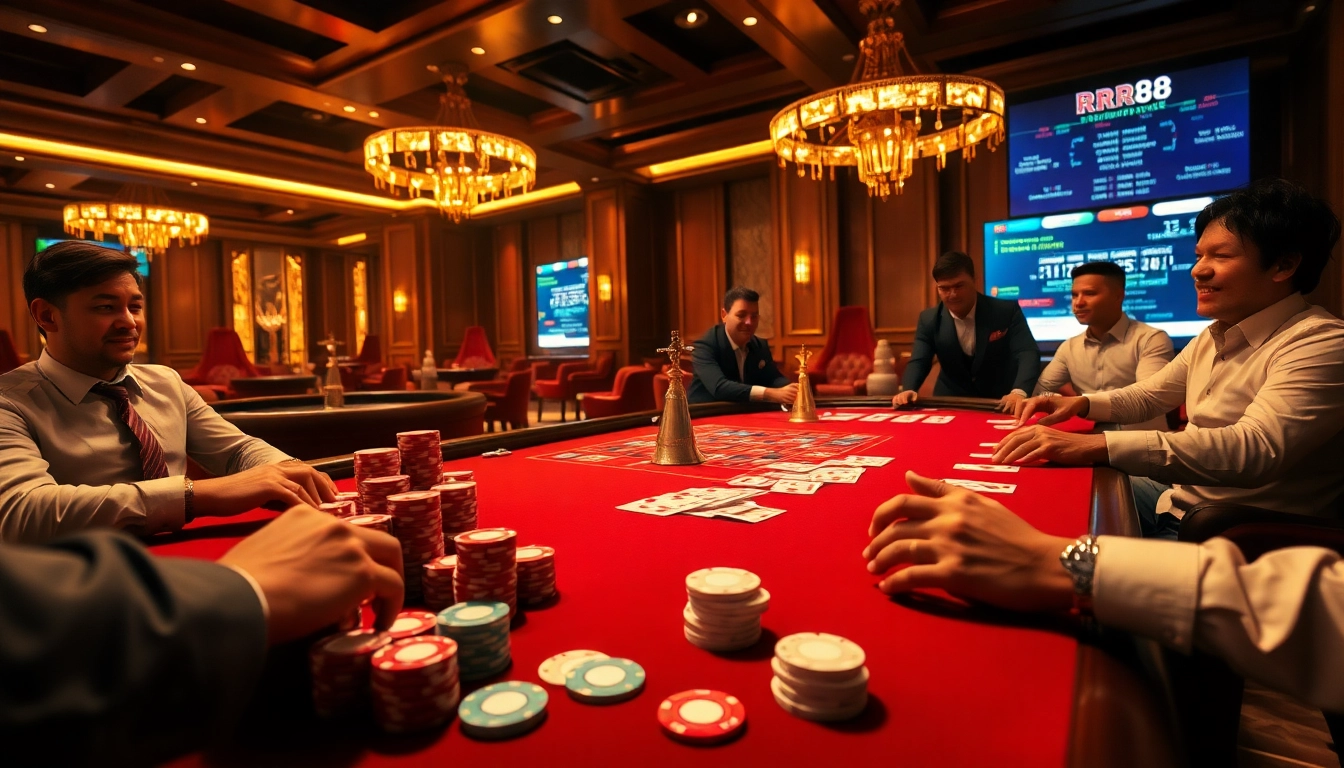 Action-packed poker game at a luxurious casino showcasing RR88's thrilling atmosphere for gamblers.