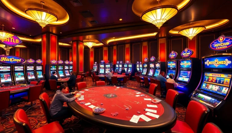 Hit club themed casino scene with players at tables and vibrant slot machines.