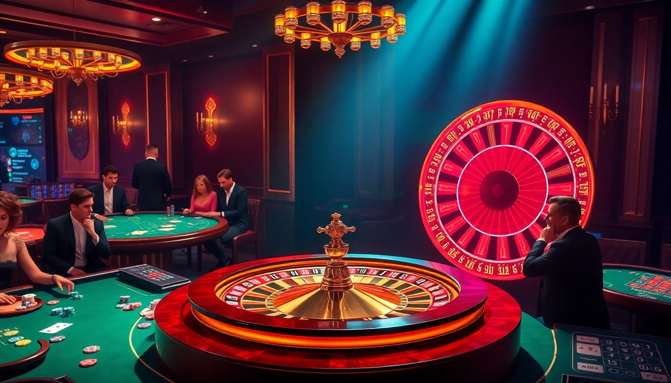 Experience the thrill of winning at RR88 with vibrant casino tables and roulette wheels.