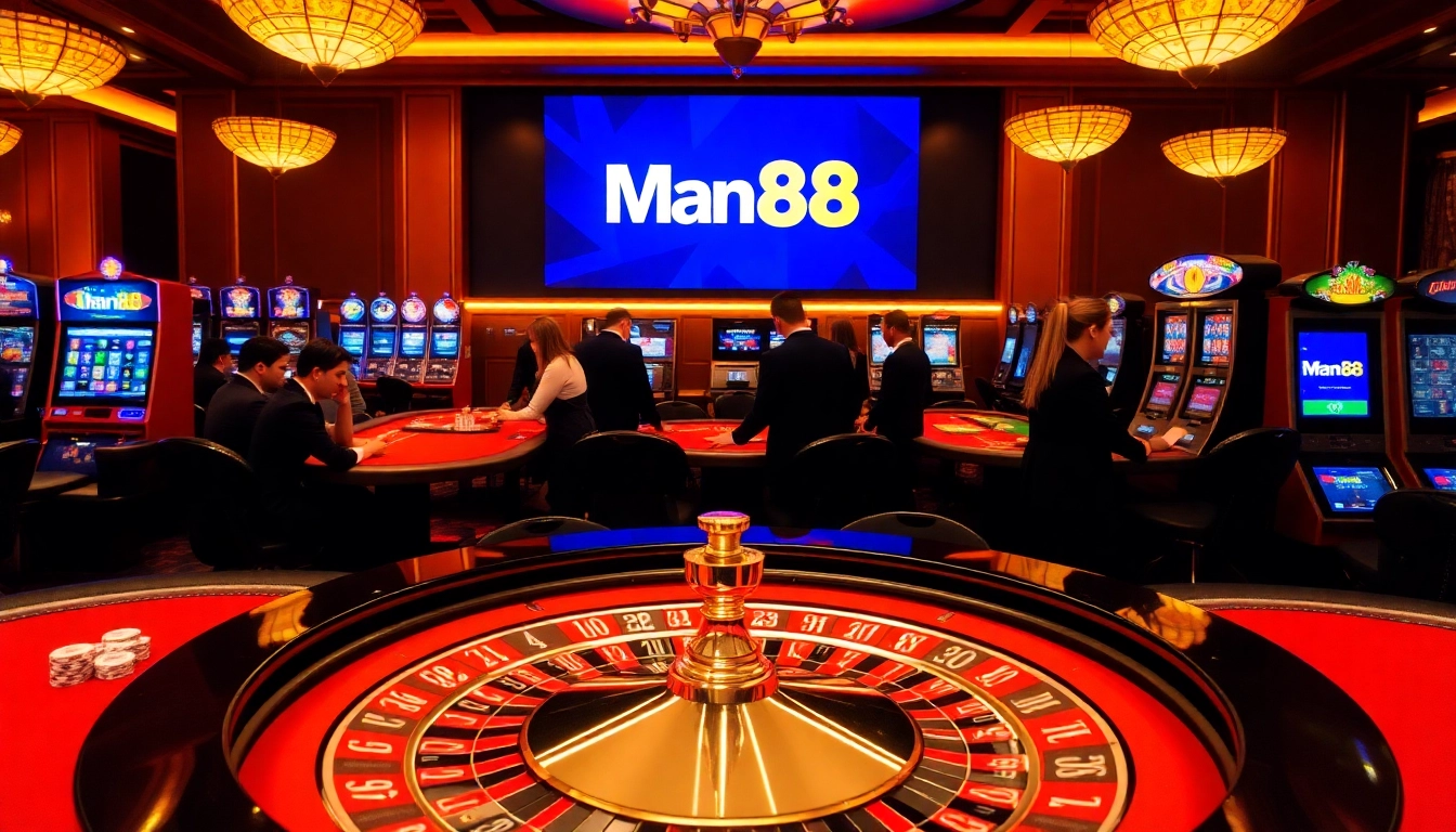 Man88 casino scene featuring roulette, poker chips, and elegant gamblers engaged in thrilling bets.