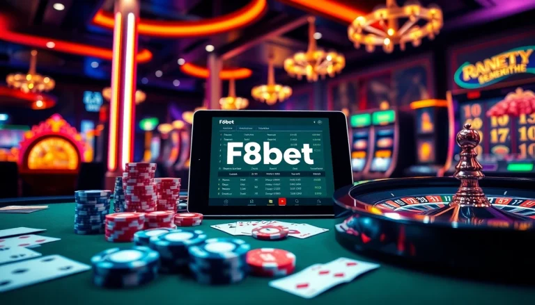 Experience the thrill of gambling with F8bet's digital betting interface surrounded by chips and cards.