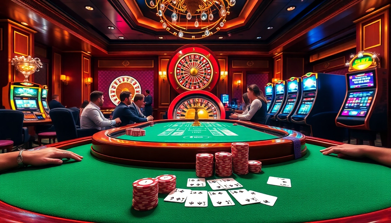 Engage in thrilling casino games with the okwin app showcased amidst lively poker action and elegant settings.