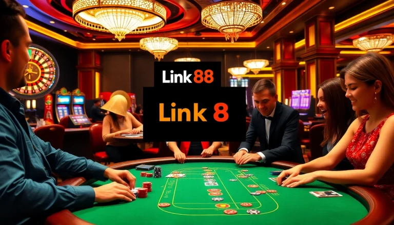 Excited players engaging in casino games with Link Go88 highlighted on screens.