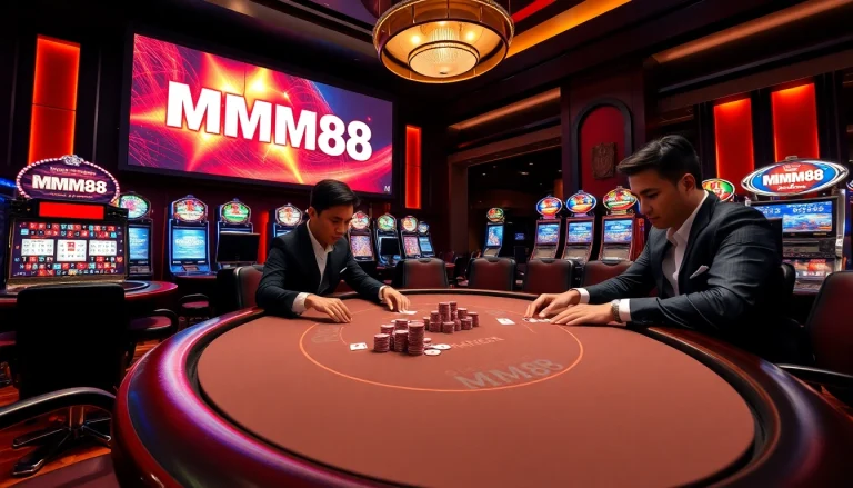 Experience MM88 at a vibrant casino table with poker chips and roulette wheels in action.