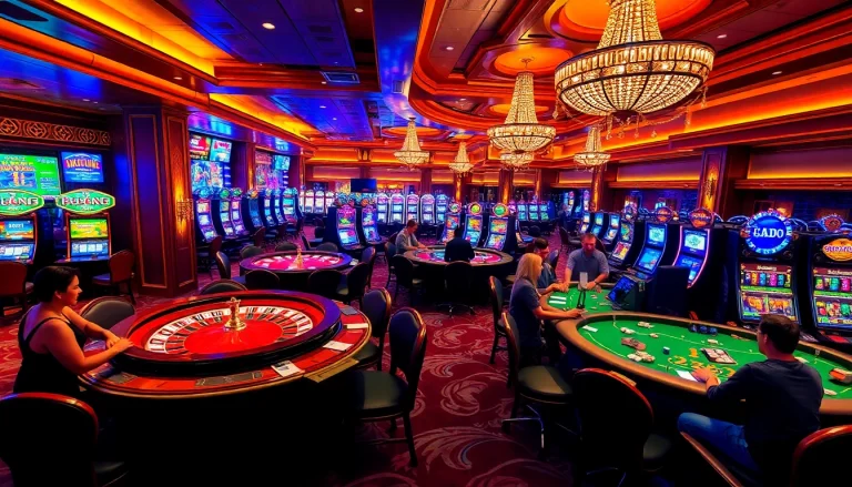 Engaged players enjoying various games at https://l444.art/ casino with roulette wheels and slot machines.