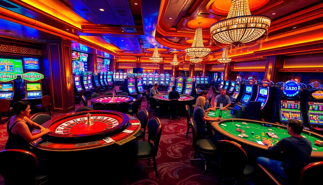 Engaged players enjoying various games at https://l444.art/ casino with roulette wheels and slot machines.