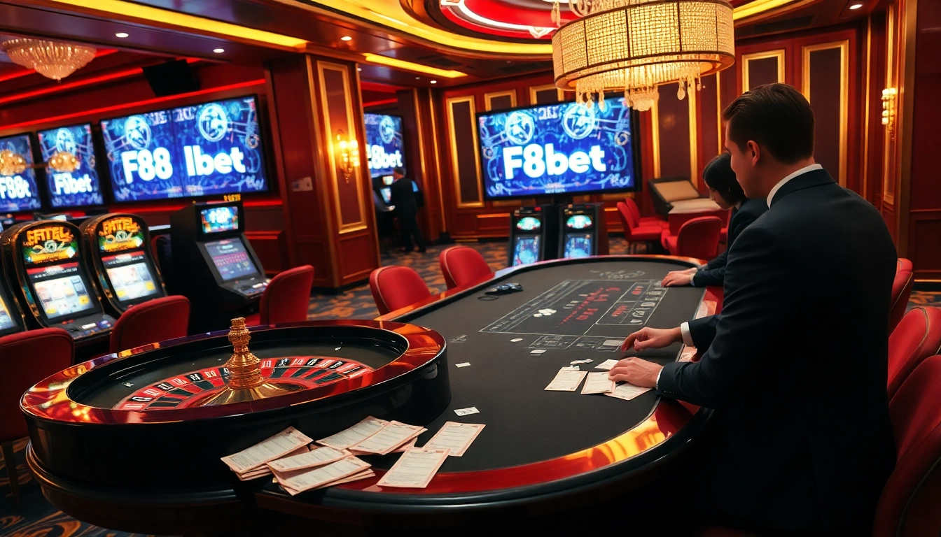 Experience exciting gameplay at F8bet's luxurious casino with vibrant gambling activities.