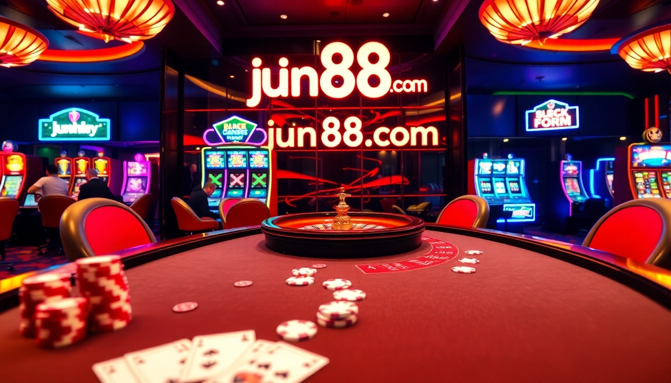 Engaging poker action at jun88 com casino with vibrant slot machines and roulette.