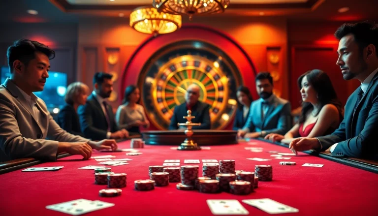 U888 players enjoying an engaging casino game with poker chips and cards.