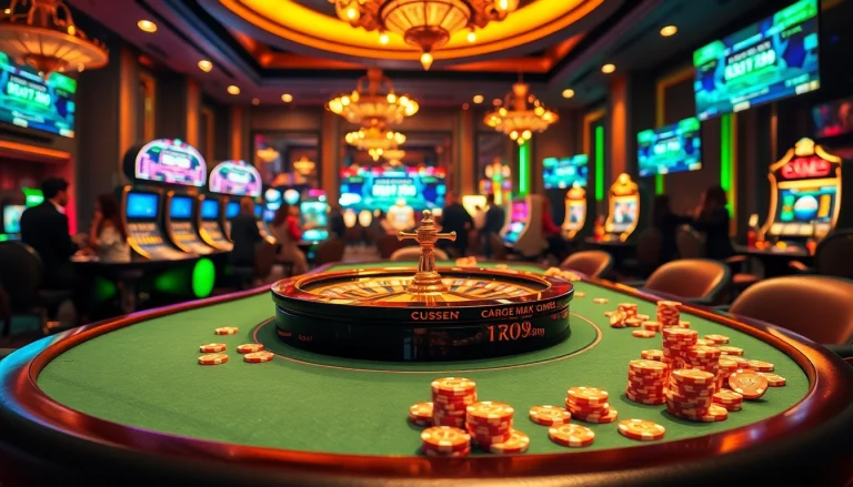 Exciting casino scene featuring 바이낸스 회원가입 with poker chips and digital trading screens.