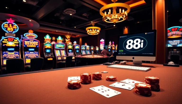 Players engaging in a high-stakes poker game at a casino showcasing 88i elements.