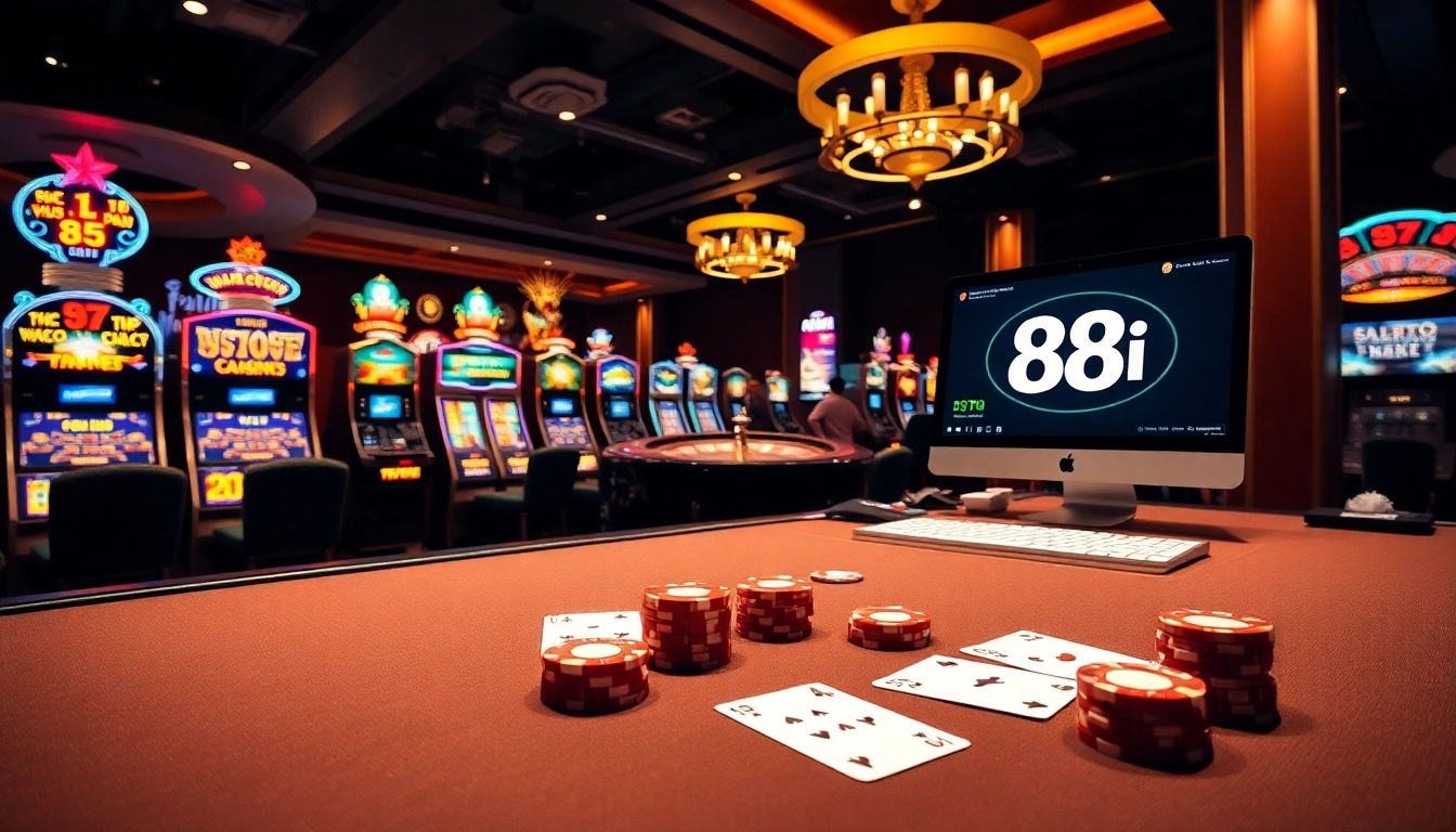 Players engaging in a high-stakes poker game at a casino showcasing 88i elements.