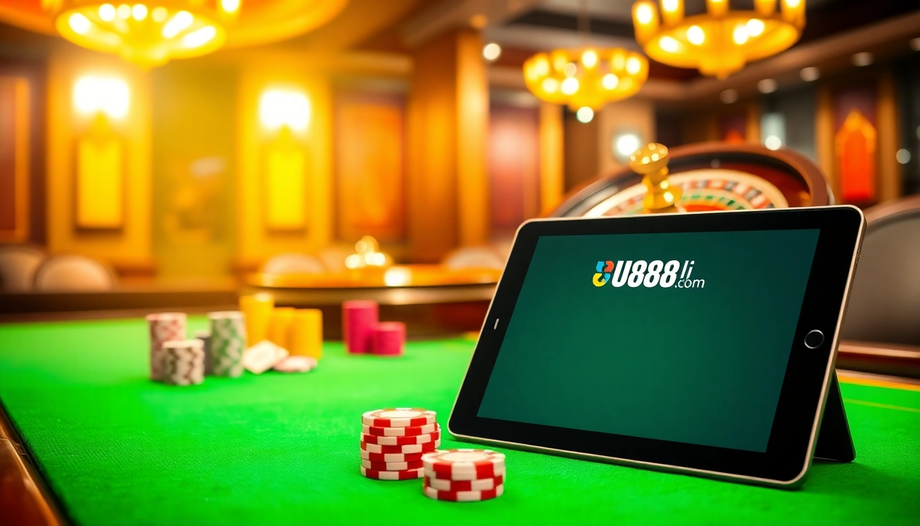 Experience the thrill of U888li com with vibrant casino games, poker chips, and roulette wheels.