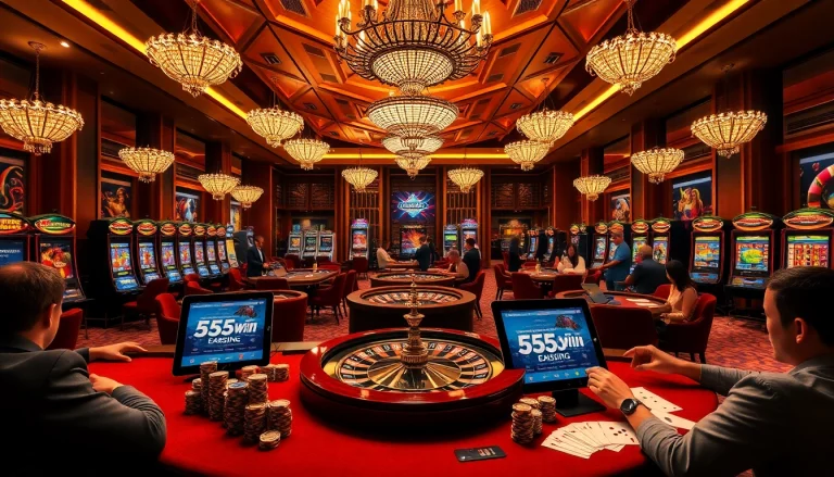 Players winning exciting games at 555win casino with vibrant slot machines and poker tables.