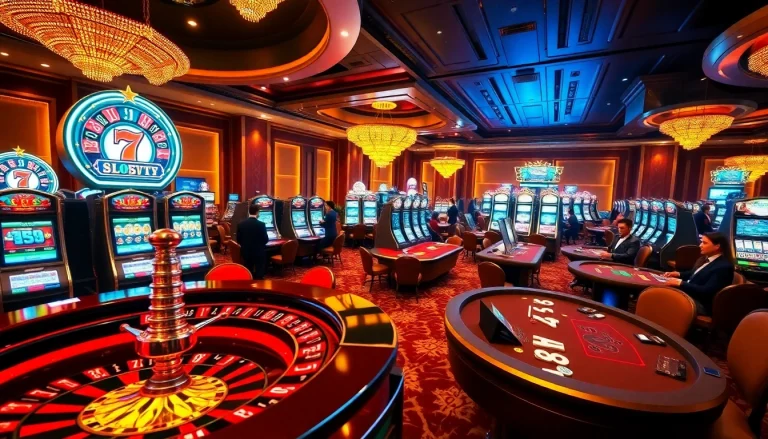 A dynamic casino scene featuring roulette, slot machines, and players engaged at https://www.6slots8.com/, depicting high-stakes excitement.