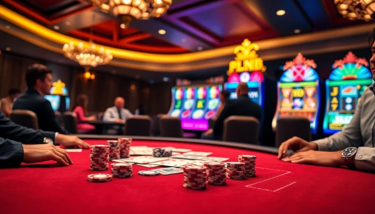 Experience the thrill at situs apiraja88 with poker chips and a vibrant slot machine in a luxurious casino setting.