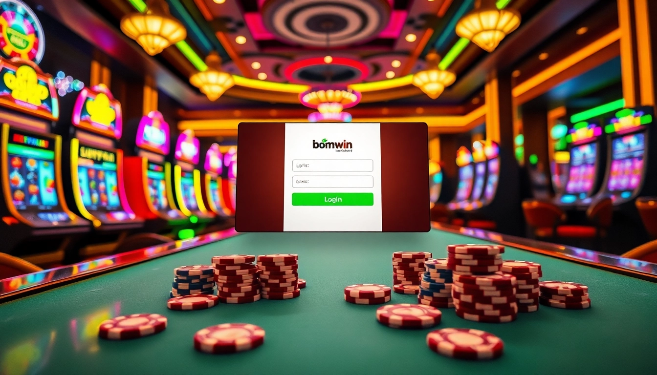 Experience Đăng nhập bomwin in a vibrant casino setup featuring slot machines and poker chips.