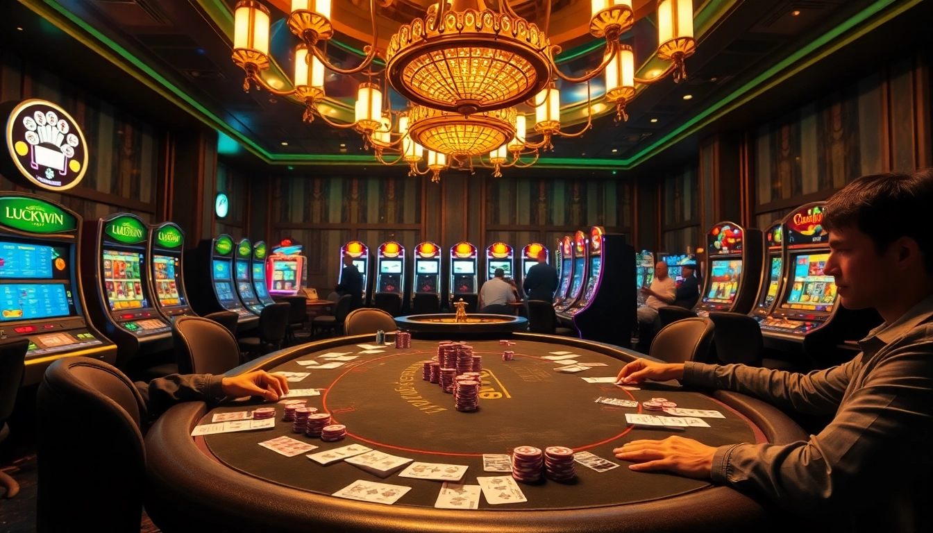 Experience the thrill of Luckywin with vibrant casino action at a high-stakes poker table.