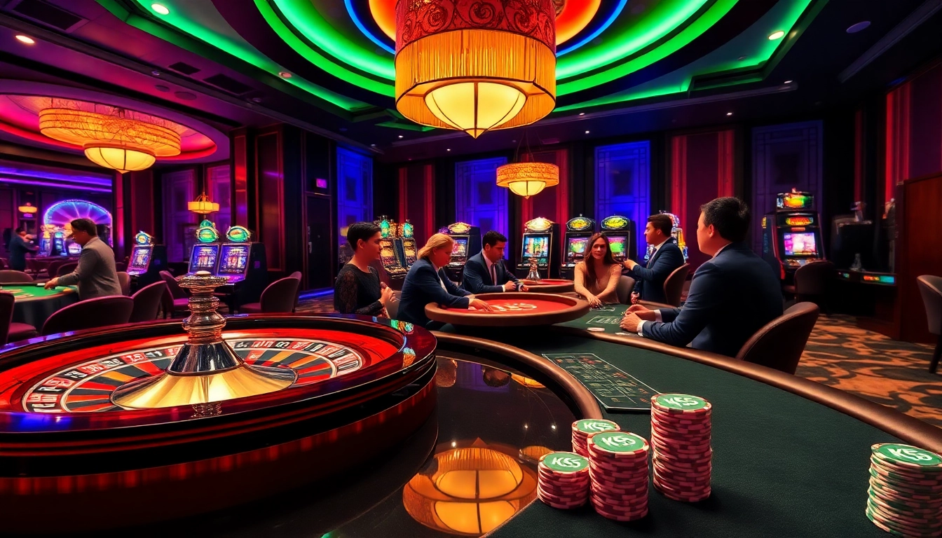 Players enjoying a thrilling KK55 experience at a luxurious casino with poker tables.
