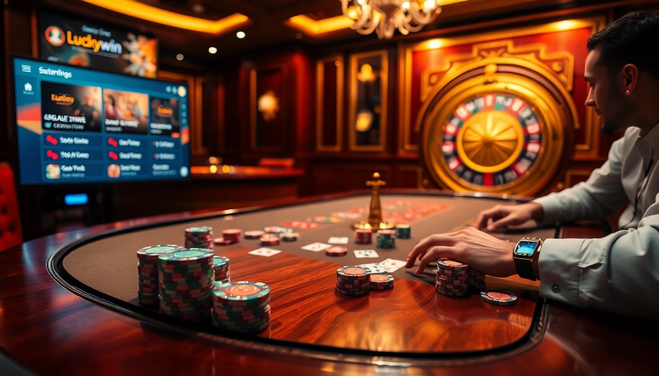 Players celebrate wins at the Luckywin casino table with vibrant poker chips and a roulette wheel.