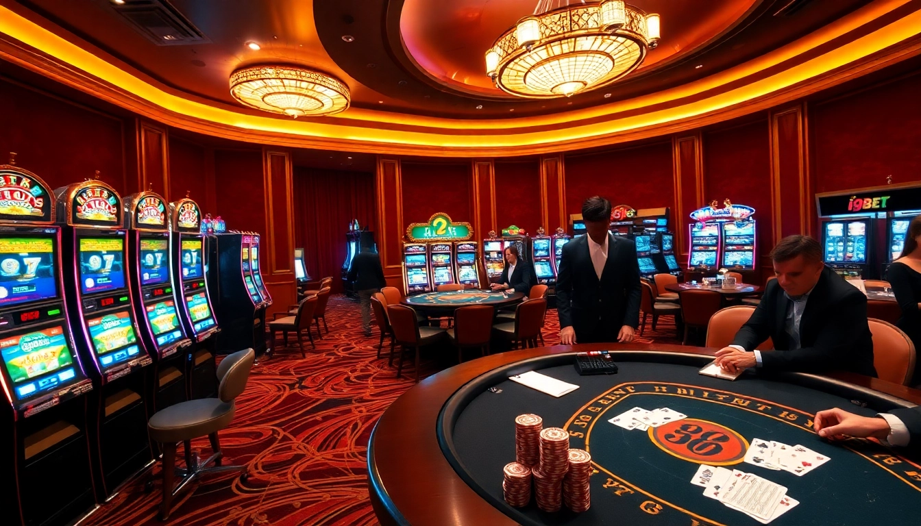 i9bet casino scene showcasing vibrant slots, roulette, and high-stakes poker excitement.