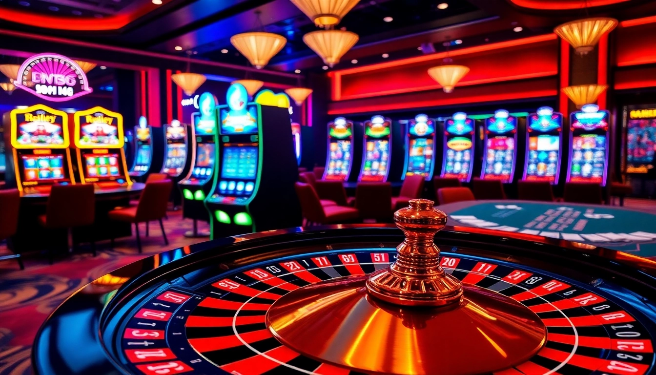 Experience high-stakes action at MB66 with a vibrant casino scene featuring a roulette wheel and slot machines.