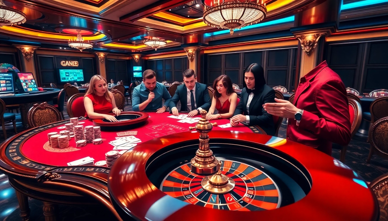 שחקנים מרותקים על ידי רמי אונליין בהקשר של קזינו מרשים, משחקים פוקר עם אלמנטים קזינו תוססים וצבעוניים.