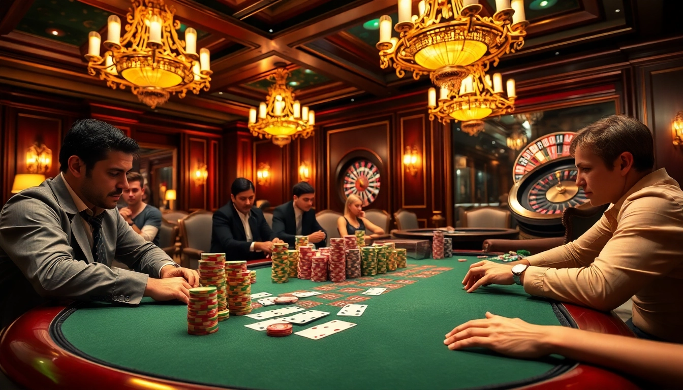 High-stakes poker game at MK8 casino featuring luxurious tables and vibrant chips.