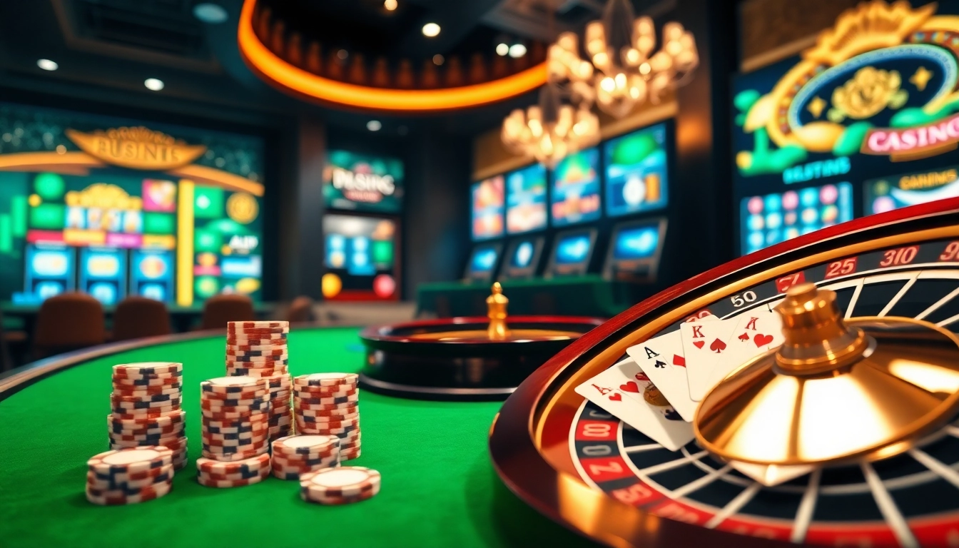 A luxurious casino table scene showcasing the excitement of online gambling at https://789club.quest/ with vibrant poker chips and cards.