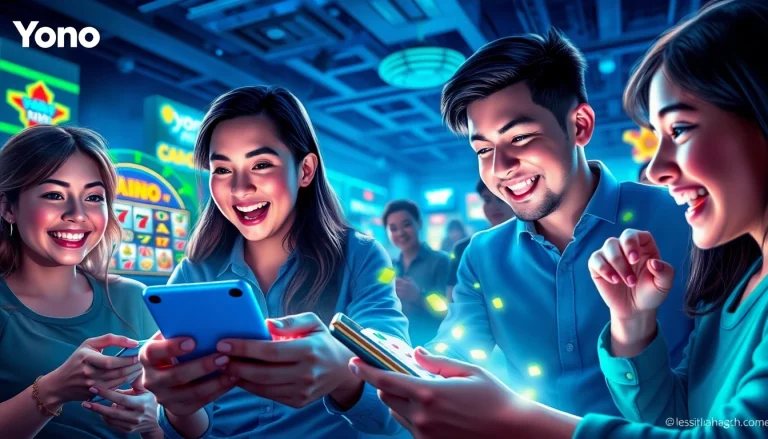 Yono 777 gaming scene with players engaged in mobile slots and poker, showcasing excitement and rewards.