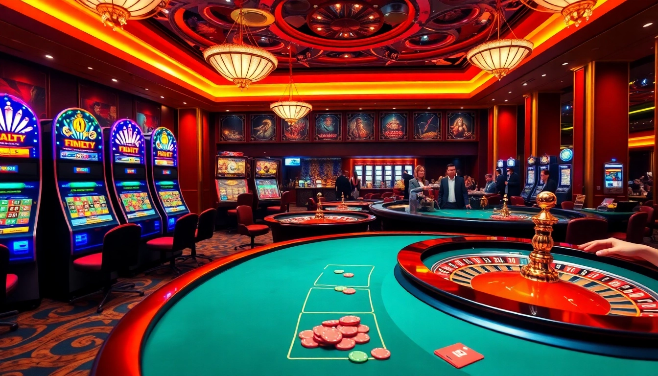 Exciting casino homepage filled with vibrant slot machines and poker tables.