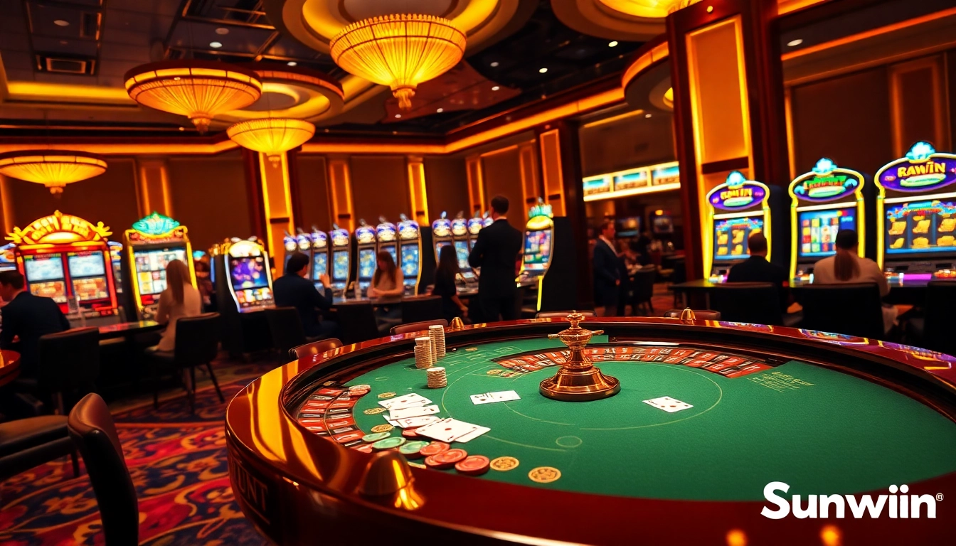 Players enjoying the Sunwin gaming experience at a luxurious casino table, engaging in thrilling games.