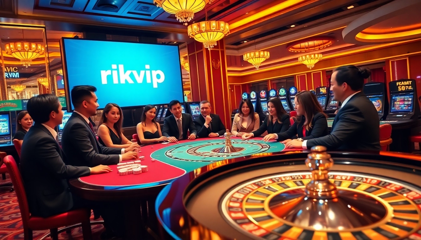 Engaging gamblers at a vibrant casino scene with rikvip branding and thrilling gaming action.
