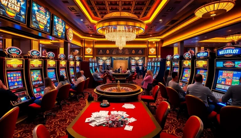 Slot machine excitement at idnslot casino with vibrant players and poker chips.