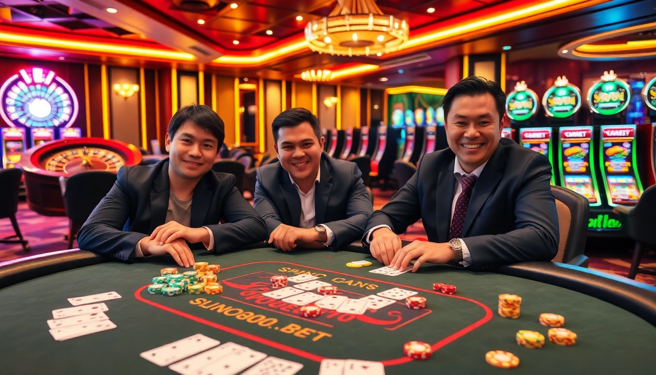 Players engaging in thrilling games at an SBOBet-themed casino table, highlighting excitement and strategy.