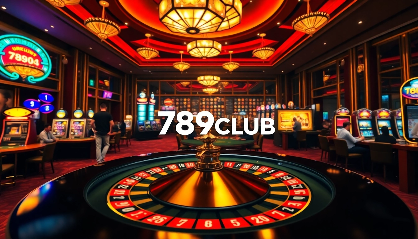 An exciting scene from 789CLUB showcasing vibrant casino tables, roulette wheel, slots, and engaged players.