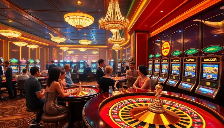 Experience gacor slot machines and lively roulette games in a vibrant casino atmosphere.