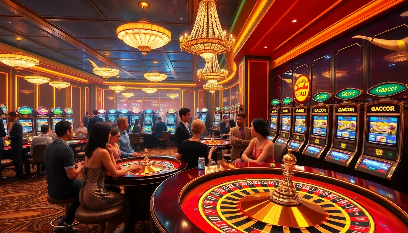 Experience gacor slot machines and lively roulette games in a vibrant casino atmosphere.