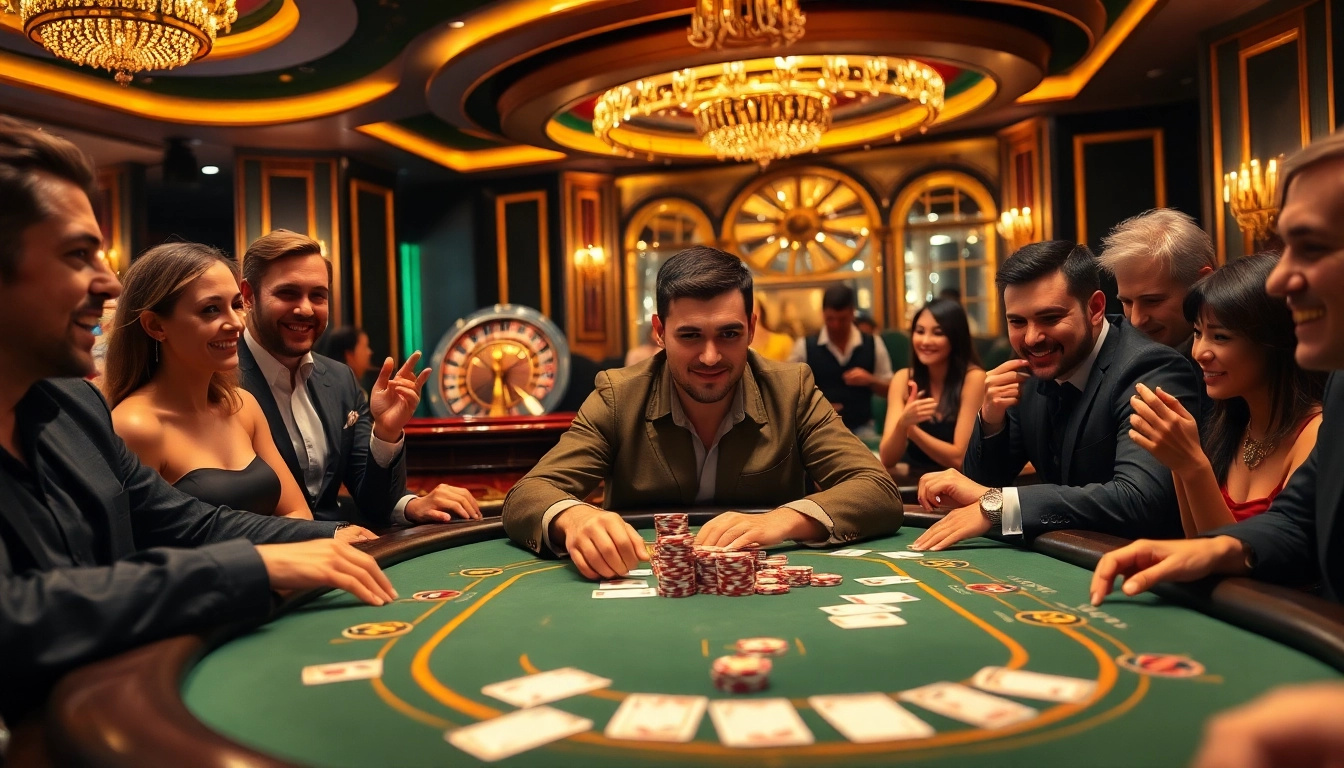 Players strategizing at a poker table in a vibrant casino atmosphere on https://789f.town/.